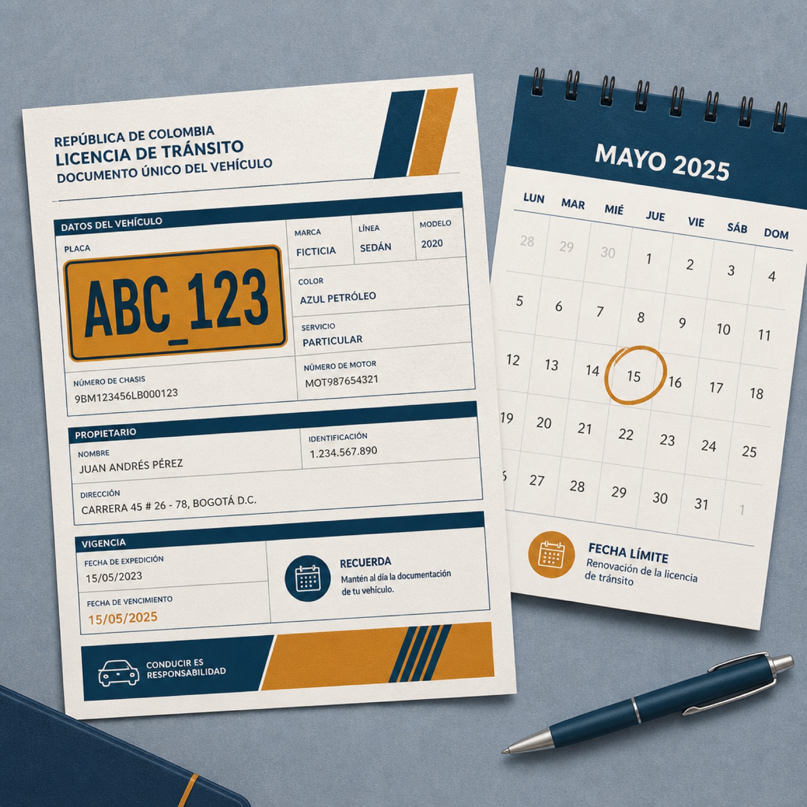 Ilustración de placa vehicular y calendario de fechas límite